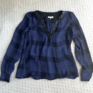 Parker navy silk shirt with black leather trim. Size XS.